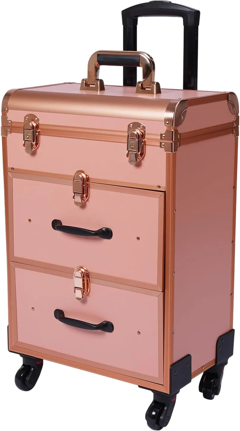 Rolling Makeup Train Case 3 Layers Lockable Cosmetology Case on Wheels Professional Cosmetics Organizer for Hairstylist Nail Technicians Makeup Artist, Aluminum Alloy, 14.2 * 9.1 * 22.8inch