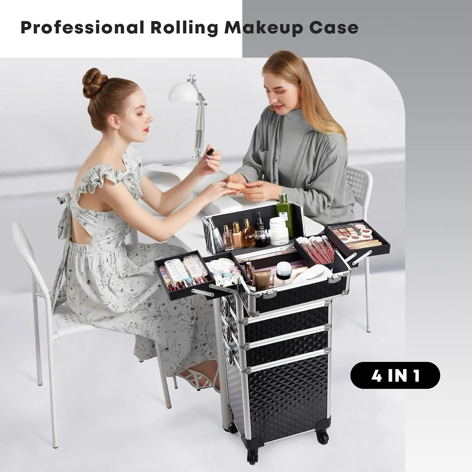 Rolling Makeup Train Case, 4-in-1 Cosmetology Case on Wheels, Nail Tech Cart for Travel, Professional Cosmetic Vanity Case, Suitcase for MUA/Manicure/Tattoo/Style, Lockable Storage Box, Black