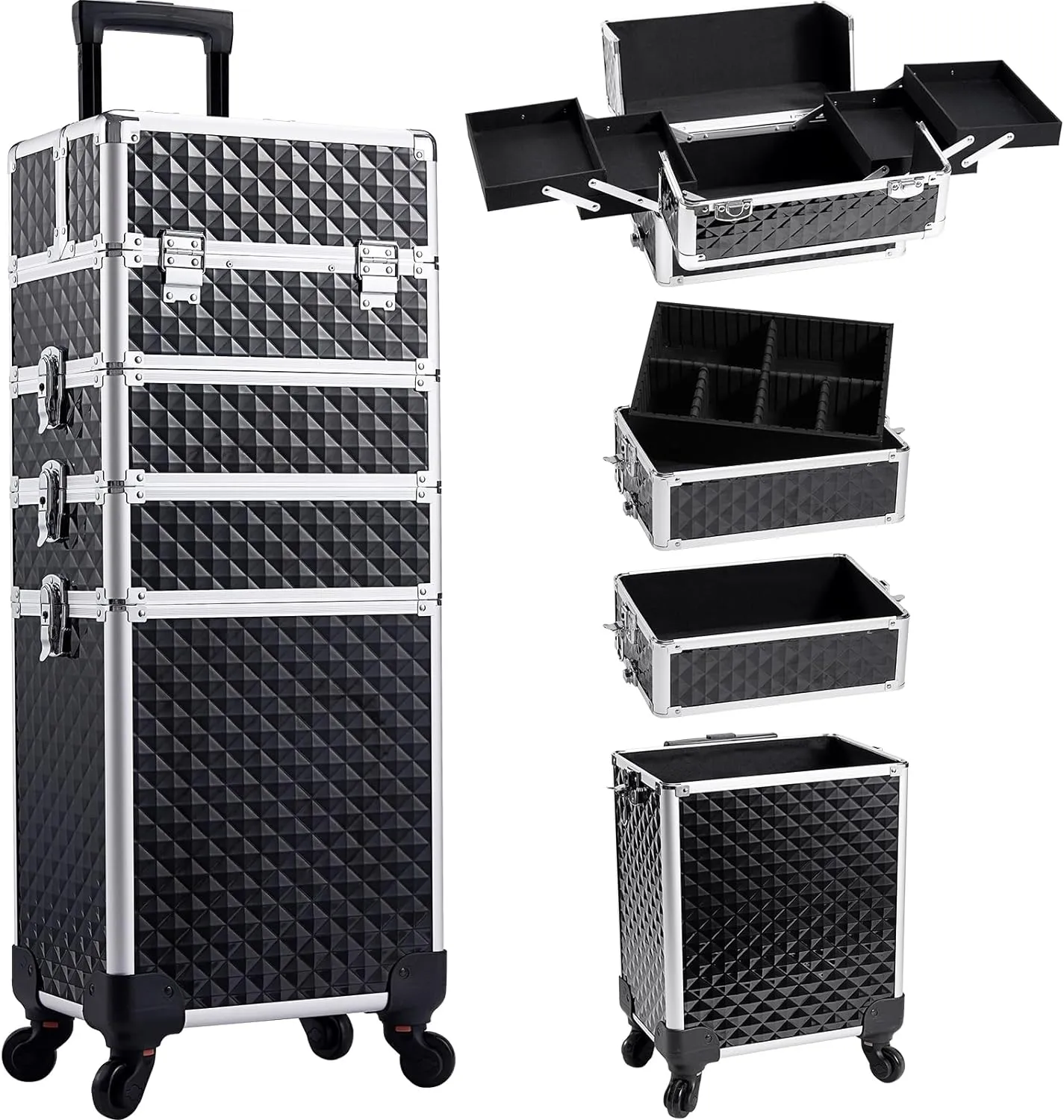 Rolling Makeup Train Case, 4-in-1 Cosmetology Case on Wheels, Nail Tech Cart for Travel, Professional Cosmetic Vanity Case, Suitcase for MUA/Manicure/Tattoo/Style, Lockable Storage Box, Black