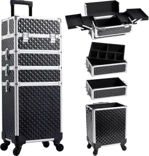 Rolling Makeup Train Case, 4-in-1 Cosmetology Case on Wheels, Nail Tech Cart for Travel, Professional Cosmetic Vanity Case, Suitcase for MUA/Manicure/Tattoo/Style, Lockable Storage Box, Black