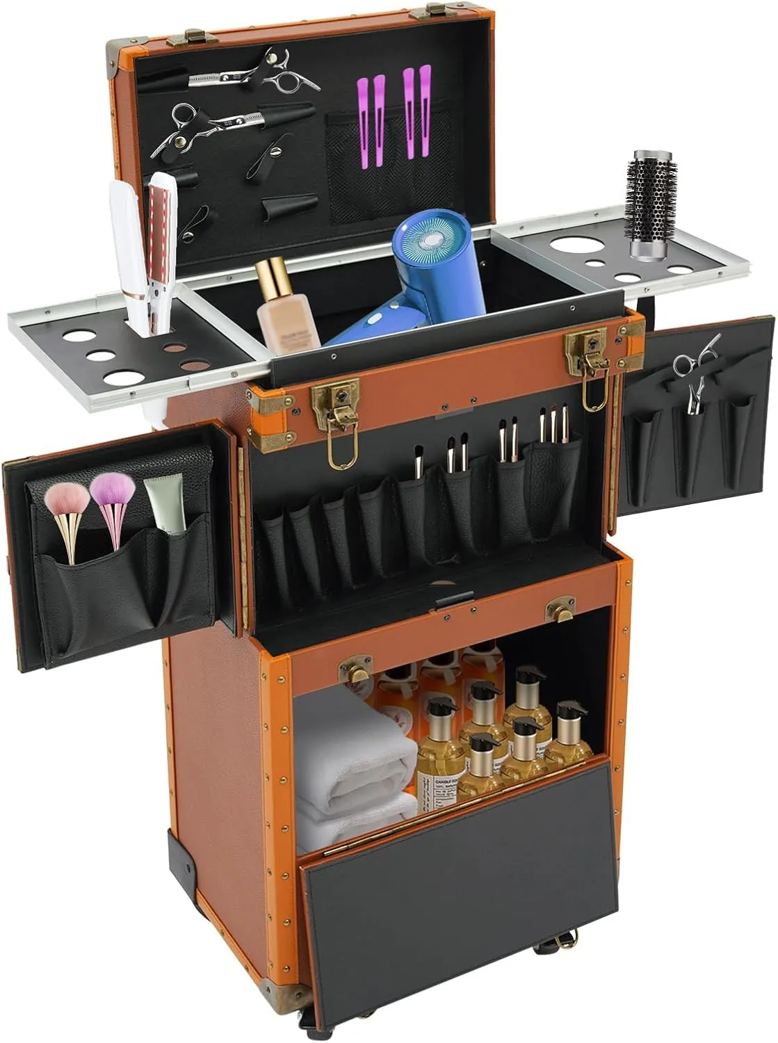 Rolling Makeup Train Case, Cosmetic Case with Hairdryer Holder, Lockable Hairdressing Toolbox Trolley, Professional Barber Supplies Case, Hair Makeup Salon Organizer with Wheels (Coffee Color)