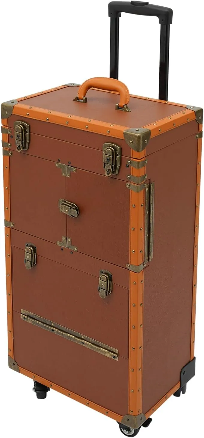 Rolling Makeup Train Case, Cosmetic Case with Hairdryer Holder, Lockable Hairdressing Toolbox Trolley, Professional Barber Supplies Case, Hair Makeup Salon Organizer with Wheels (Coffee Color)
