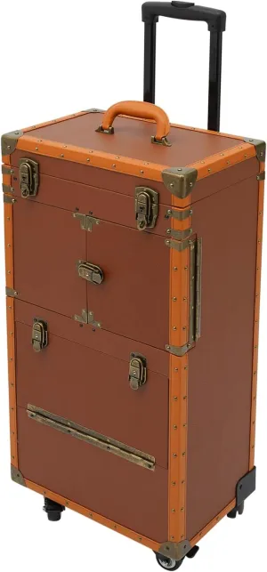 Rolling Makeup Train Case, Cosmetic Case with Hairdryer Holder, Lockable Hairdressing Toolbox Trolley, Professional Barber Supplies Case, Hair Makeup Salon Organizer with Wheels (Coffee Color)
