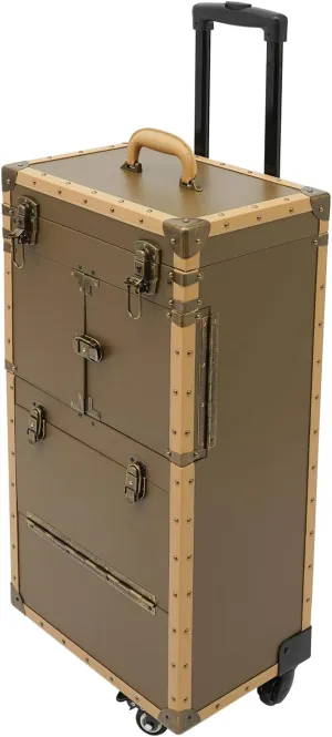 Rolling Makeup Train Case, Cosmetic Case with Hairdryer Holder, Lockable Hairdressing Toolbox Trolley, Professional Barber Supplies Case, Hair Makeup Salon Organizer with Wheels (Gold)