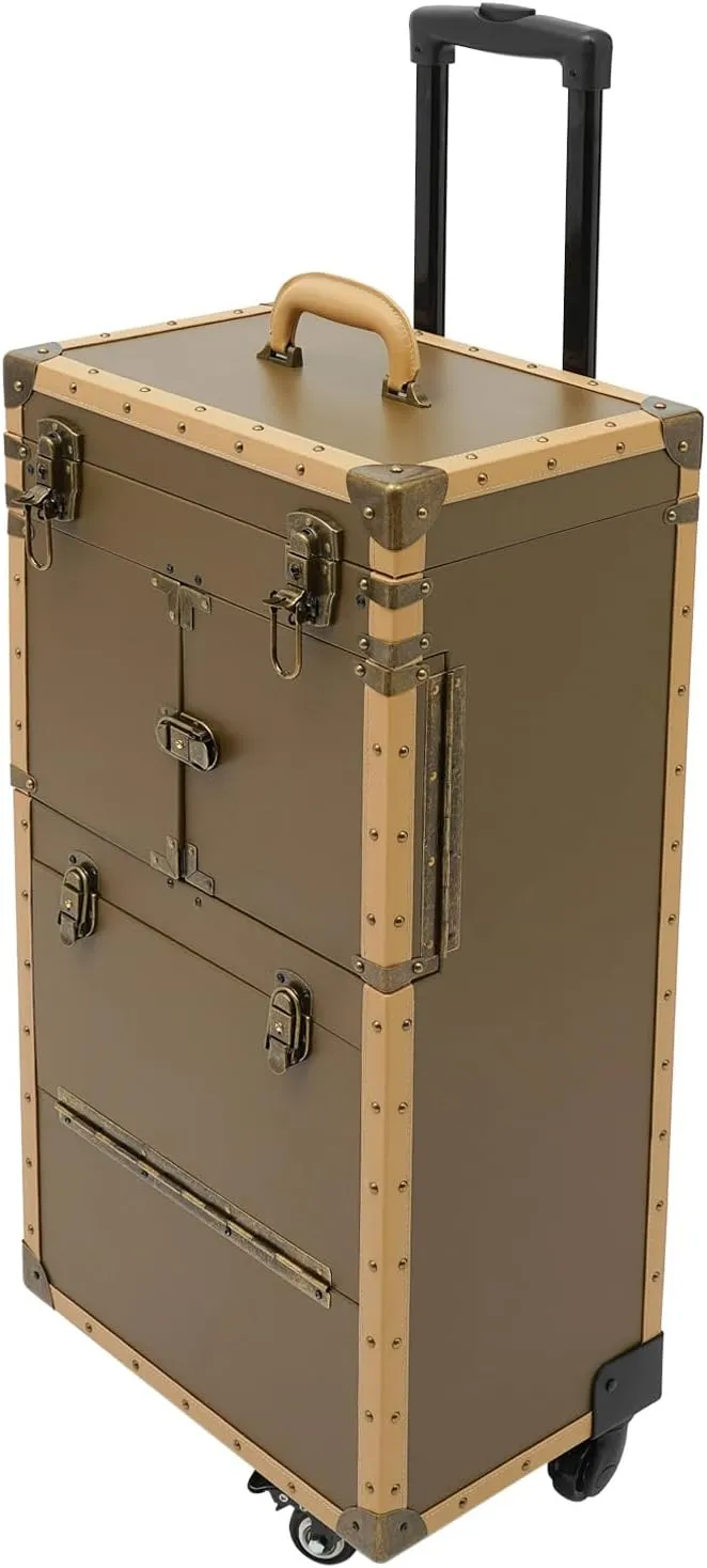 Rolling Makeup Train Case, Cosmetic Case with Hairdryer Holder, Lockable Hairdressing Toolbox Trolley, Professional Barber Supplies Case, Hair Makeup Salon Organizer with Wheels (Gold)