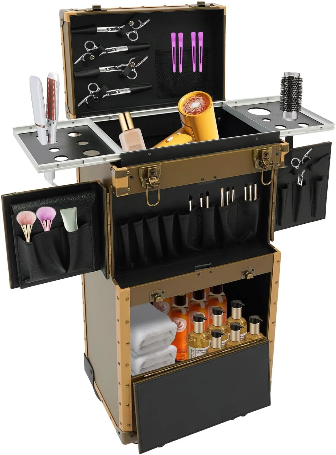 Rolling Makeup Train Case, Cosmetic Case with Hairdryer Holder, Lockable Hairdressing Toolbox Trolley, Professional Barber Supplies Case, Hair Makeup Salon Organizer with Wheels (Gold)