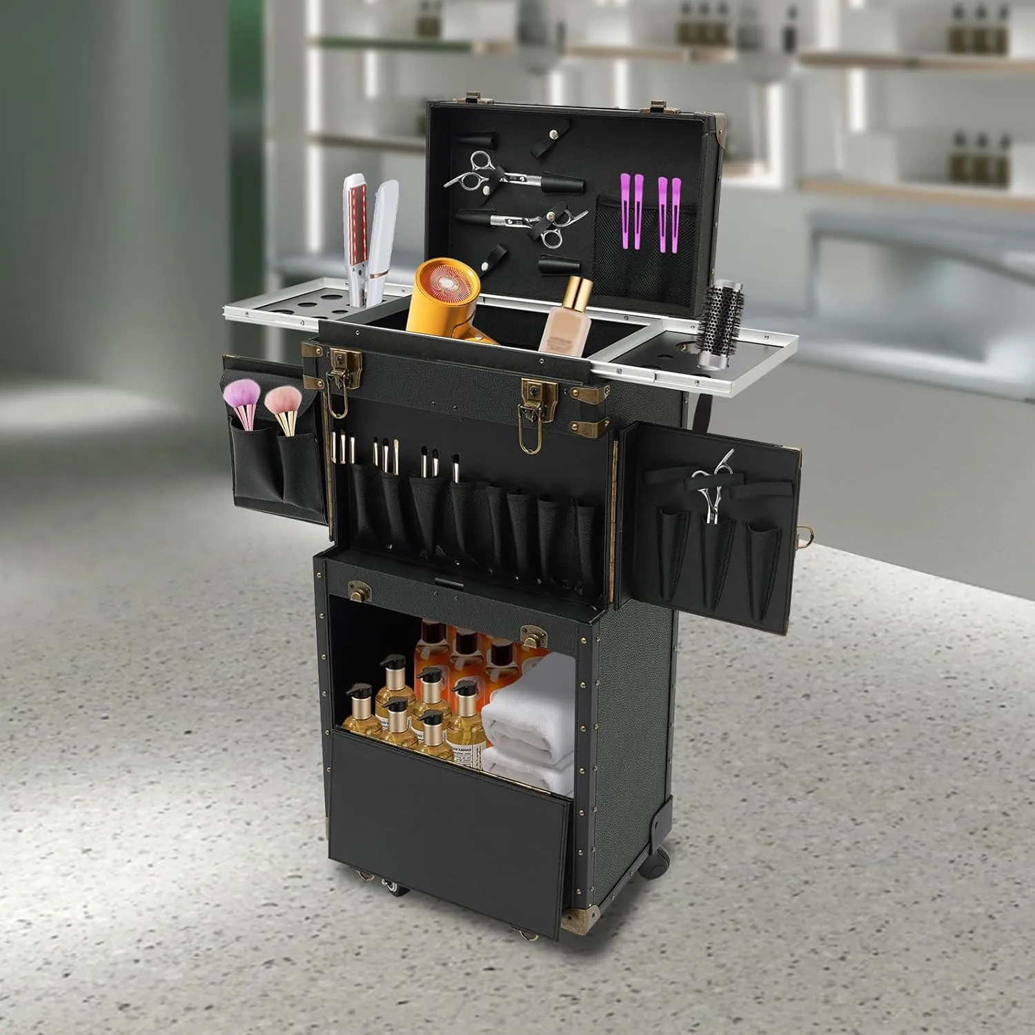 Rolling Makeup Train Case, Cosmetic Trolly with Lockable Wheels Make up Travel Case Barber Case Hairdressing Travel Case Holds 33.07-44.09 lbs (Black)