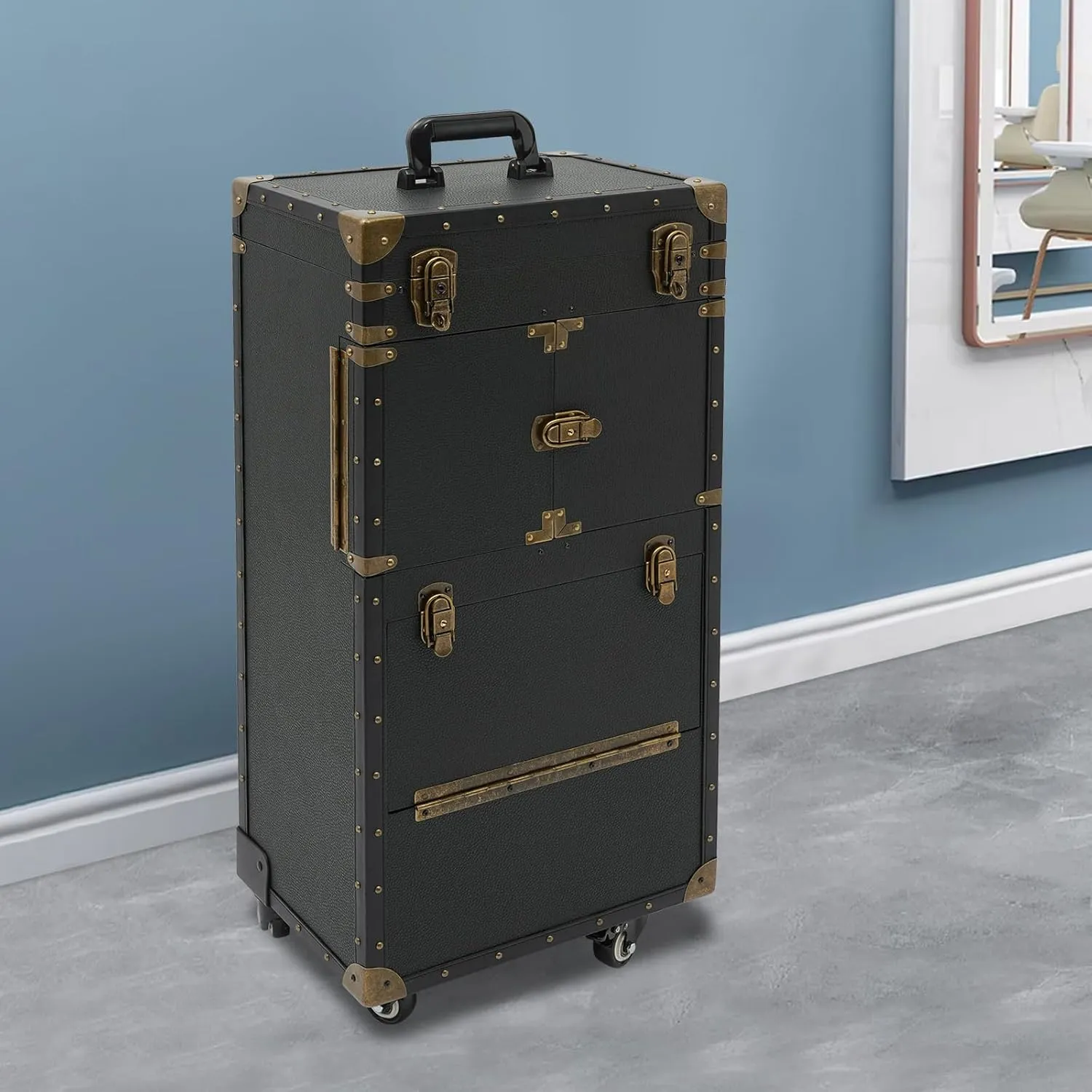 Rolling Makeup Train Case, Cosmetic Trolly with Lockable Wheels Make up Travel Case Barber Case Hairdressing Travel Case Holds 33.07-44.09 lbs (Black)