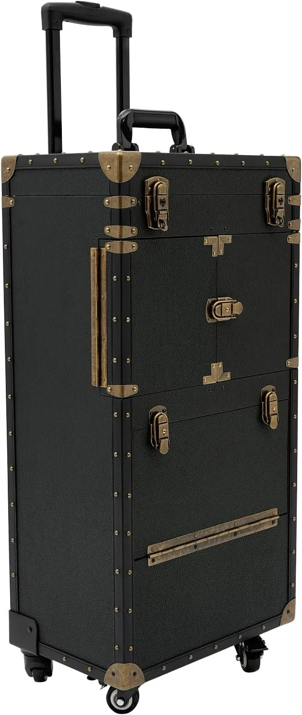 Rolling Makeup Train Case, Cosmetic Trolly with Lockable Wheels Make up Travel Case Barber Case Hairdressing Travel Case Holds 33.07-44.09 lbs (Black)