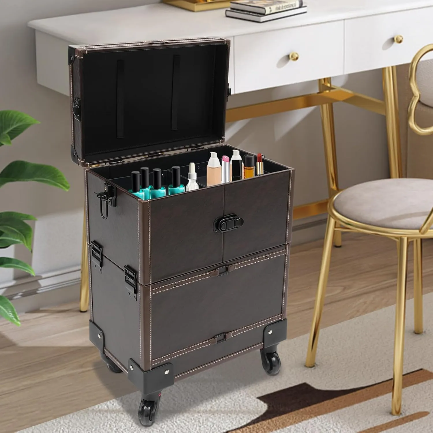 Rolling Makeup Train Case for Artist Beauty Trolley Cosmetic Organizer Box Makeup Train Case Makeup Train Case with Mirror Trolley Cosmetic Organizer Box with wheels