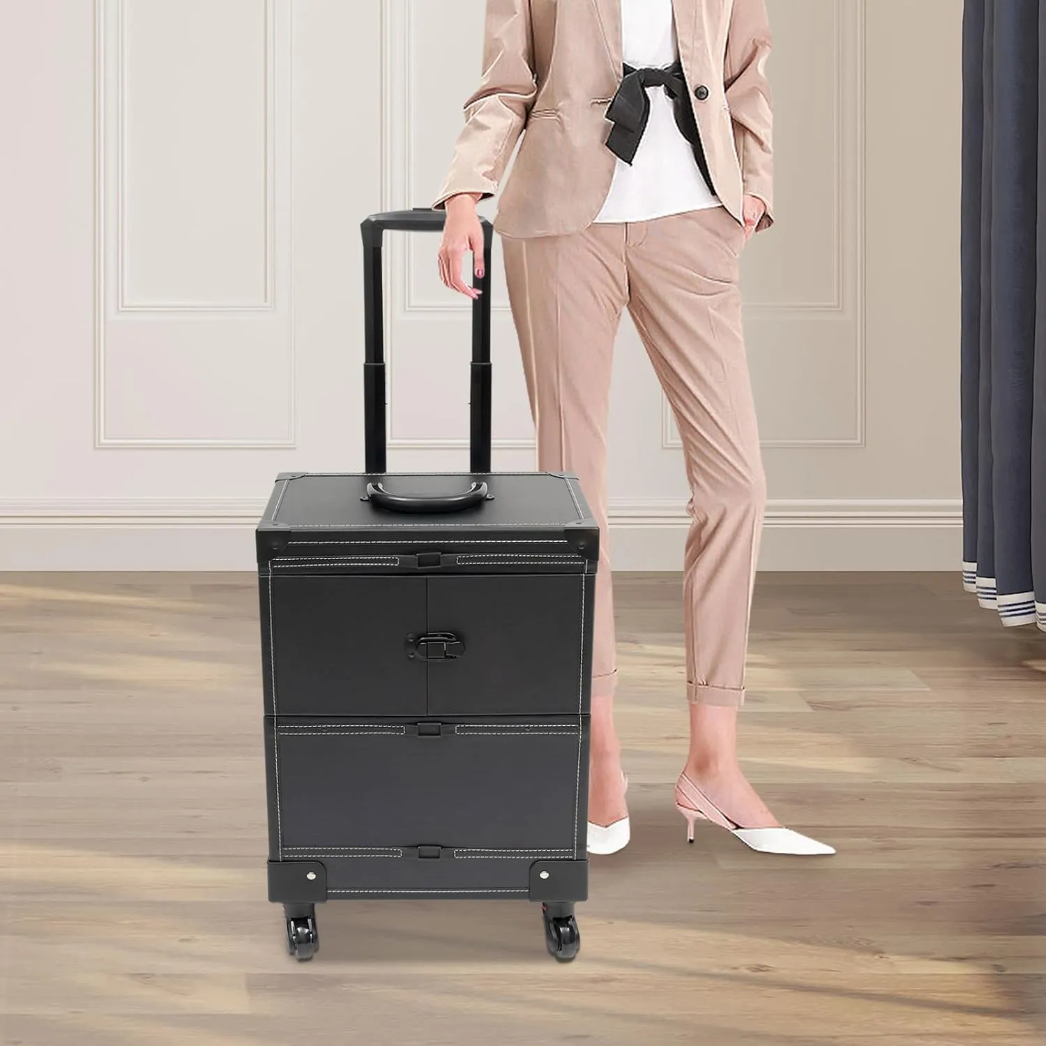 Rolling Makeup Train Case for Artist, Beauty Trolley Cosmetic Organizer Box with 4 Wheels, Makeup Train Case for Wedding Makeup Artists and Cosmetic Trainees (Black)