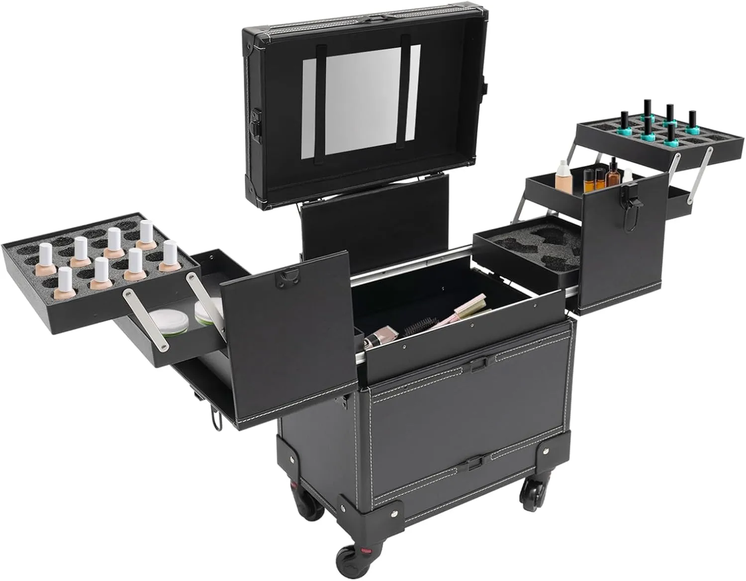 Rolling Makeup Train Case for Artist, Beauty Trolley Cosmetic Organizer Box with 4 Wheels, Makeup Train Case for Wedding Makeup Artists and Cosmetic Trainees (Black)
