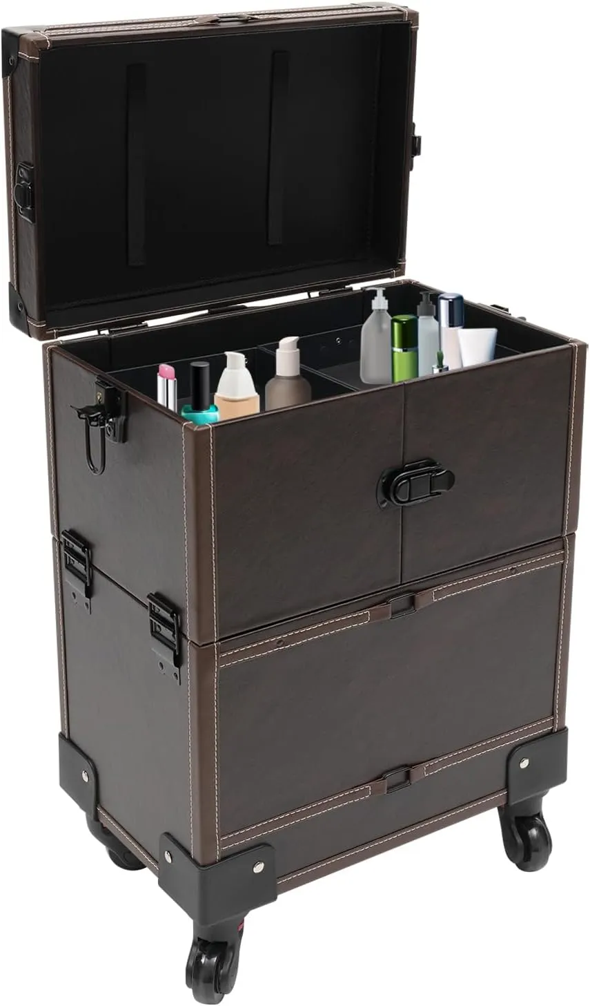 Rolling Makeup Train Case for Artist, Beauty Trolley Cosmetic Organizer Box with 4 Wheels, Makeup Train Case for Wedding Makeup Artists and Cosmetic Trainees (Coffee)