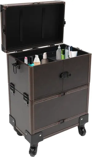 Rolling Makeup Train Case for Artist, Beauty Trolley Cosmetic Organizer Box with 4 Wheels, Makeup Train Case for Wedding Makeup Artists and Cosmetic Trainees (Coffee)