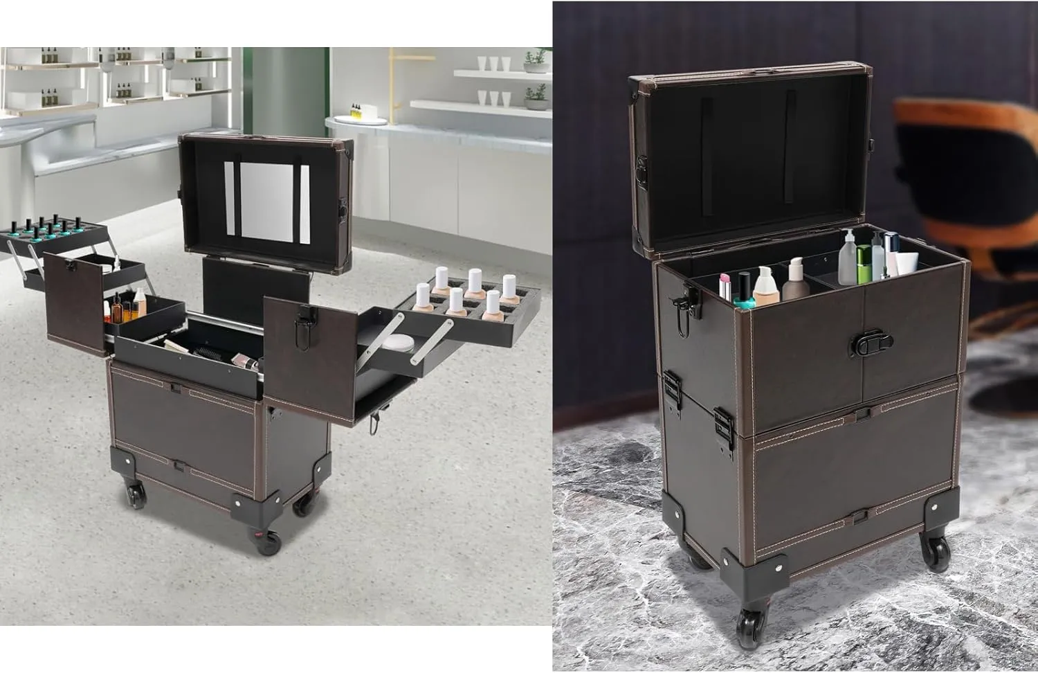 Rolling Makeup Train Case, Large Capacity Trolley Makeup Travel Case with Mirror Key Wheel, Professional Cosmetic Organizer for Make-Up Artist Hairdresser Nail Technician Beautician (Coffee)