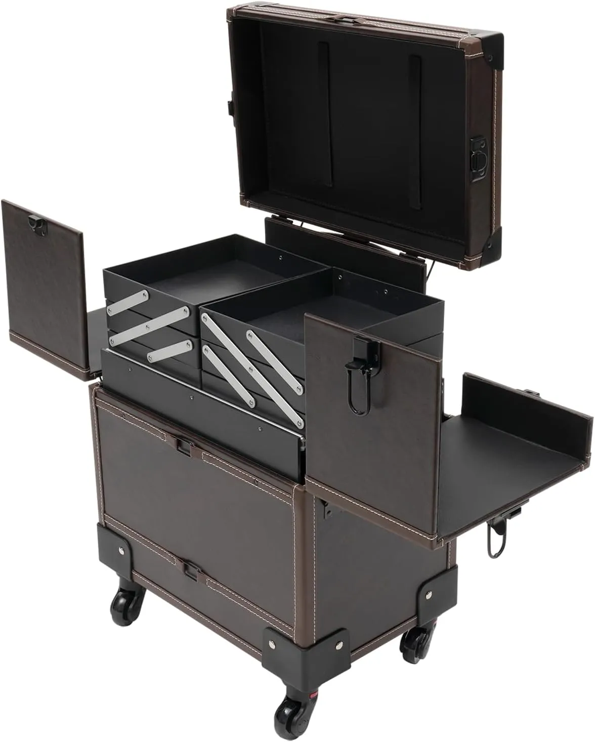 Rolling Makeup Train Case, Large Capacity Trolley Makeup Travel Case with Mirror Key Wheel, Professional Cosmetic Organizer for Make-Up Artist Hairdresser Nail Technician Beautician (Coffee)
