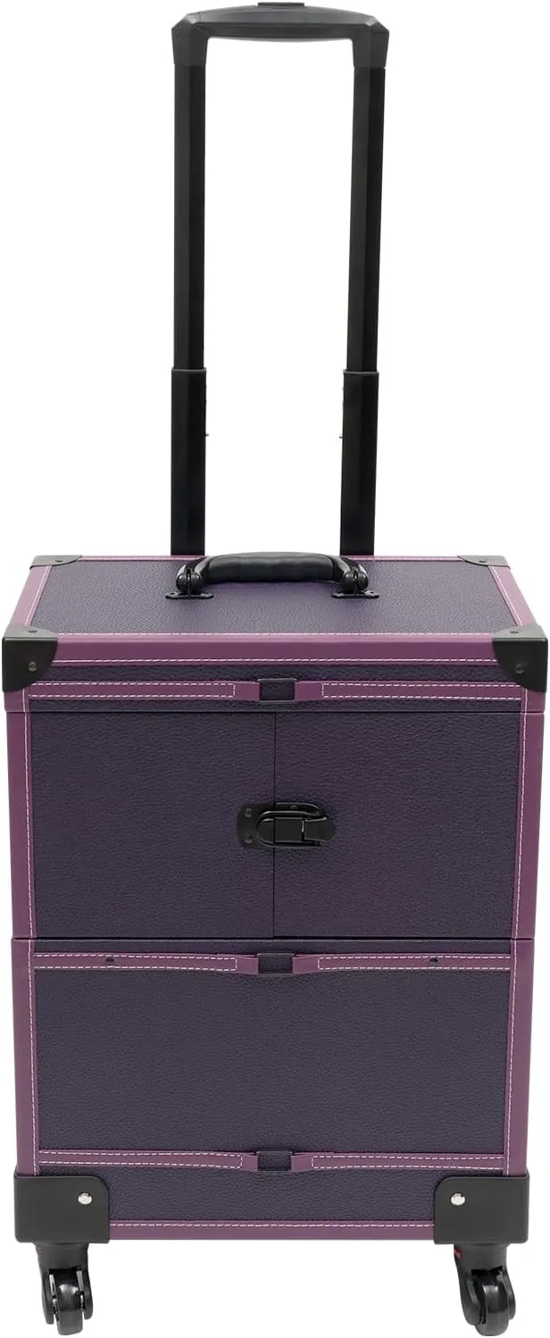 Rolling Makeup Train Case, Large Capacity Trolley Makeup Travel Case with Mirror Key Wheel, Professional Cosmetic Organizer for Make-Up Artist Hairdresser Nail Technician Beautician (Purple)