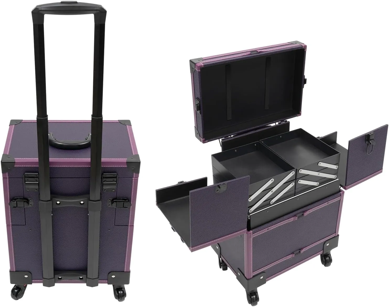 Rolling Makeup Train Case, Large Capacity Trolley Makeup Travel Case with Mirror Key Wheel, Professional Cosmetic Organizer for Make-Up Artist Hairdresser Nail Technician Beautician (Purple)