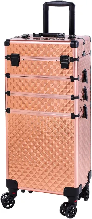 Rolling Makeup Train Case Large Storage Cosmetic Trolley 4 in 1 Large Capacity Trolley Makeup Travel Case with Key Swivel Wheels Salon Barber Case Traveling Cart Trunk (Rose Gold)