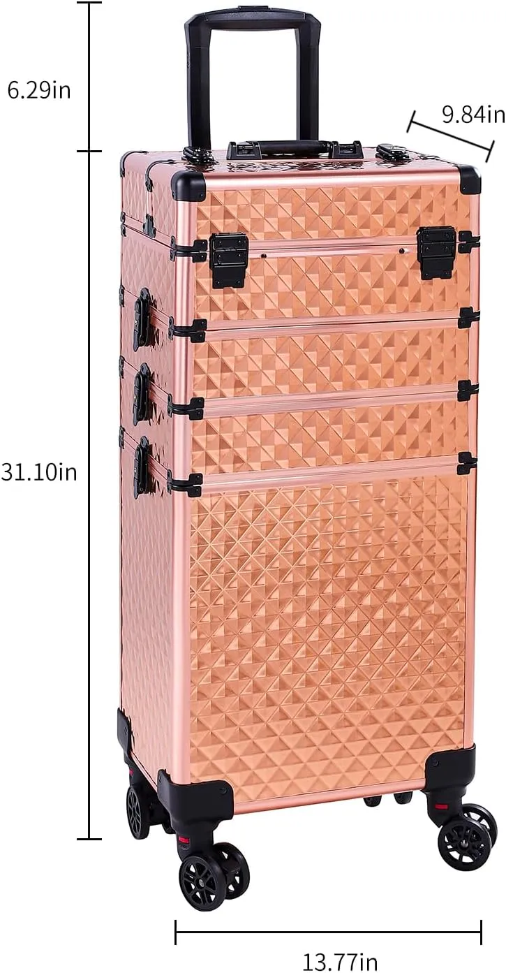 Rolling Makeup Train Case Large Storage Cosmetic Trolley 4 in 1 Large Capacity Trolley Makeup Travel Case with Key Swivel Wheels Salon Barber Case Traveling Cart Trunk (Rose Gold)