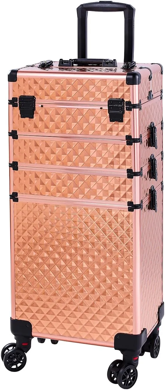 Rolling Makeup Train Case Large Storage Cosmetic Trolley 4 in 1 Large Capacity Trolley Makeup Travel Case with Key Swivel Wheels Salon Barber Case Traveling Cart Trunk (Rose Gold)