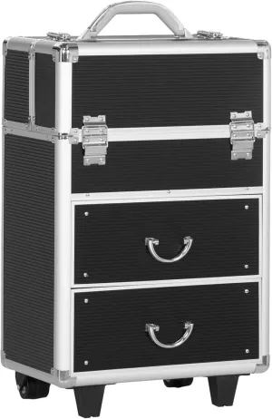 Rolling Makeup Train Case, Large Storage Cosmetic Trolley, Lockable Traveling Cart Trunk with Folding Trays, Swivel Wheels and Keys, Black