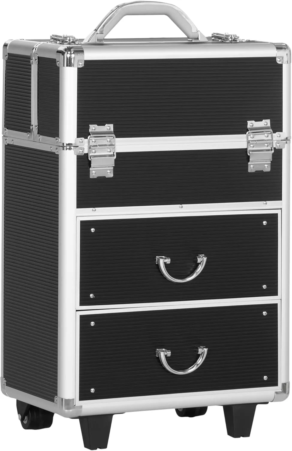 Rolling Makeup Train Case, Large Storage Cosmetic Trolley, Lockable Traveling Cart Trunk with Folding Trays, Swivel Wheels and Keys, Black