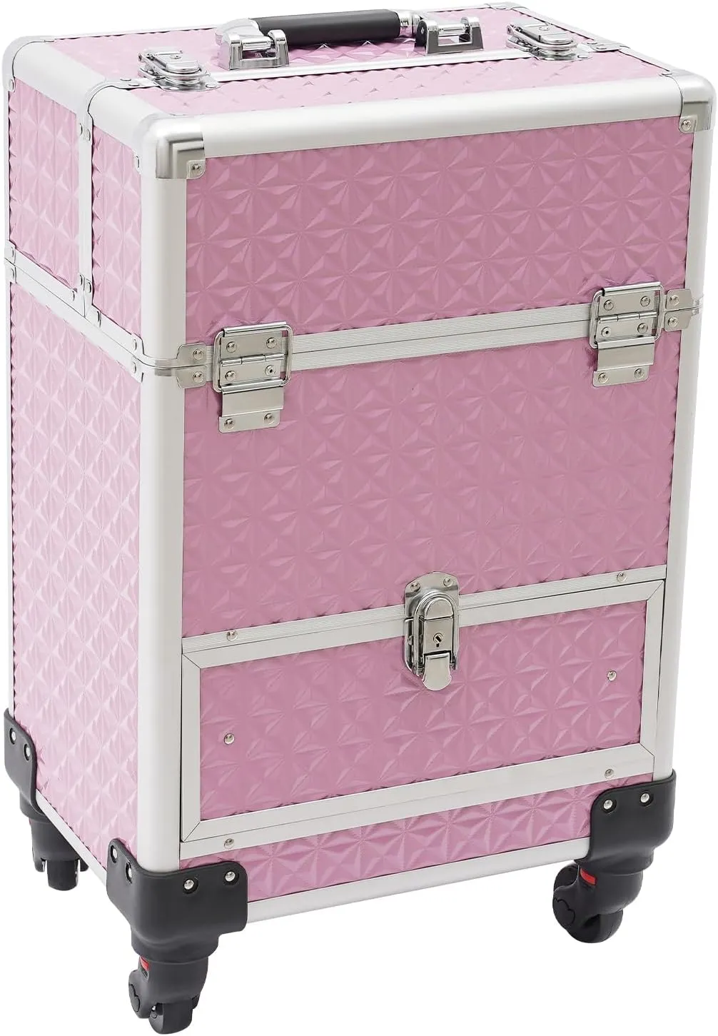 Rolling Makeup Train Case, Portable Makeup Trolley with Drawer and Lock, Nail Case Wheeled Manicure Storage Case for Hairdressers, Pet Beauticians (Pink)