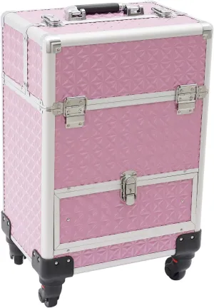 Rolling Makeup Train Case, Portable Makeup Trolley with Drawer and Lock, Nail Case Wheeled Manicure Storage Case for Hairdressers, Pet Beauticians (Pink)