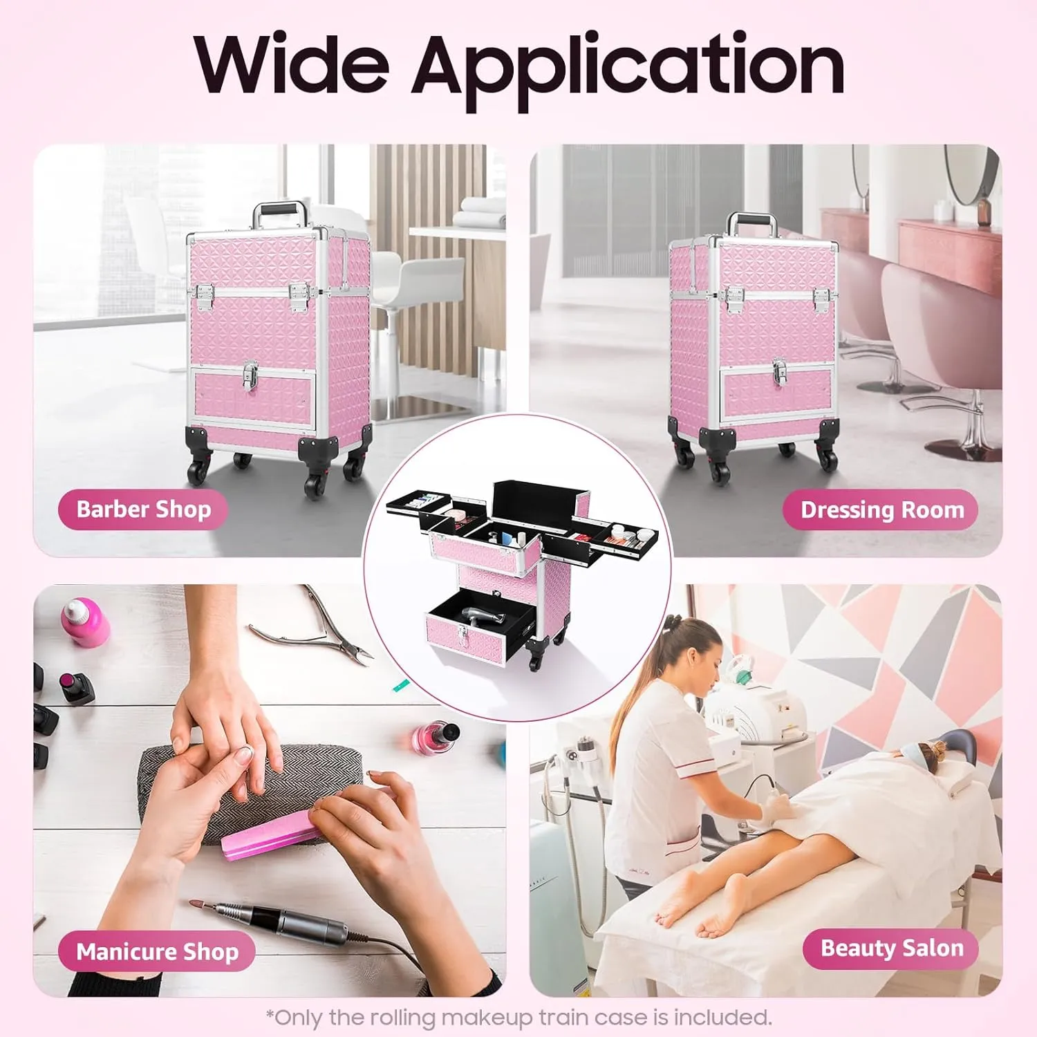 Rolling Makeup Train Case, Portable Makeup Trolley with Drawer and Lock, Nail Case Wheeled Manicure Storage Case for Hairdressers, Pet Beauticians (Pink)