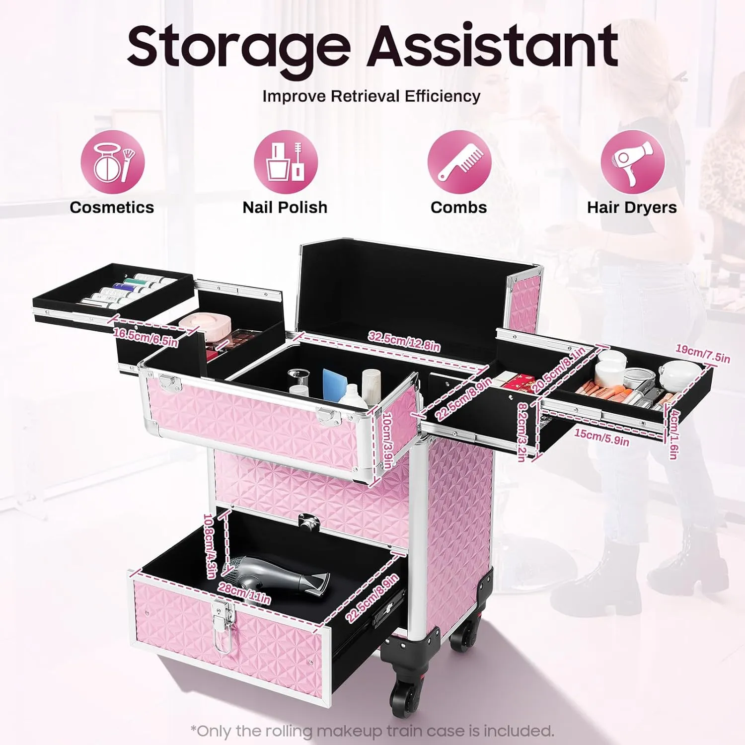 Rolling Makeup Train Case, Portable Makeup Trolley with Drawer and Lock, Nail Case Wheeled Manicure Storage Case for Hairdressers, Pet Beauticians (Pink)