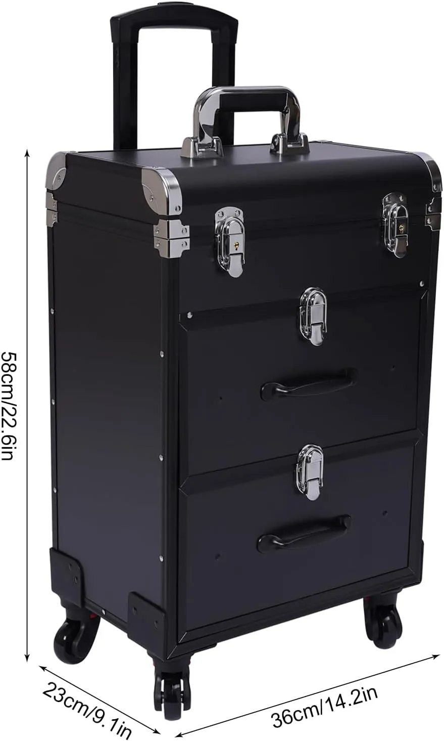 Rolling Makeup Train Case Professional Cosmetic Organizer Trolley with Drawers Compartment Nail Case Wheeled Manicure Pedicure Storage Case for Hair Stylists Makeup Artists (Black & Silver A)