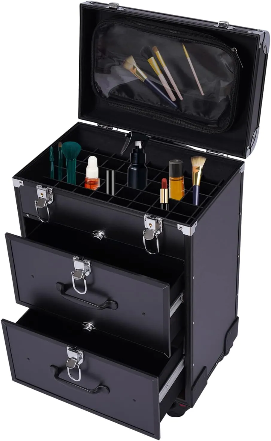 Rolling Makeup Train Case Professional Cosmetic Organizer Trolley with Drawers Compartment Nail Case Wheeled Manicure Pedicure Storage Case for Hair Stylists Makeup Artists (Black & Silver A)