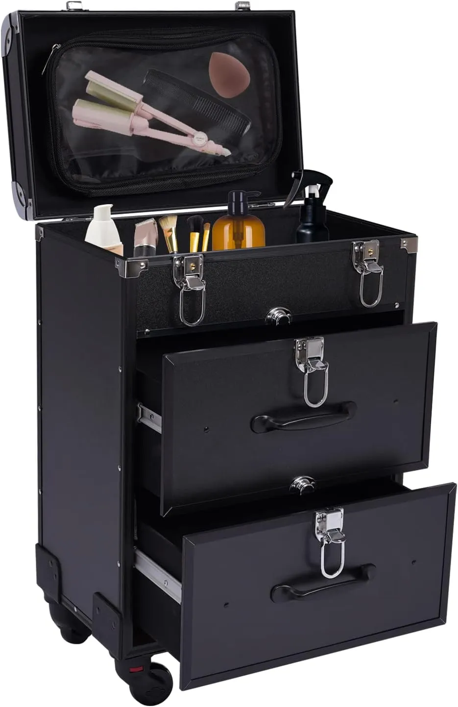 Rolling Makeup Train Case Professional Cosmetic Organizer Trolley with Drawers Compartment Nail Case Wheeled Manicure Pedicure Storage Case for Hair Stylists Makeup Artists (Black & Silver A)