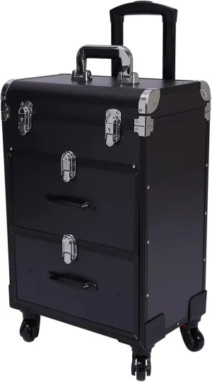 Rolling Makeup Train Case Professional Cosmetic Organizer Trolley with Drawers Compartment Nail Case Wheeled Manicure Pedicure Storage Case for Hair Stylists Makeup Artists (Black & Silver A)