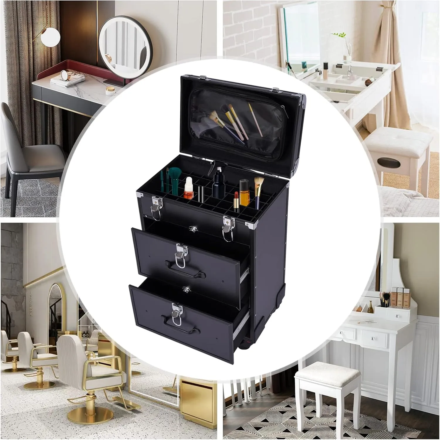 Rolling Makeup Train Case Professional Cosmetic Organizer Trolley with Drawers Compartment Nail Case Wheeled Manicure Pedicure Storage Case for Hair Stylists Makeup Artists (Black & Silver A)