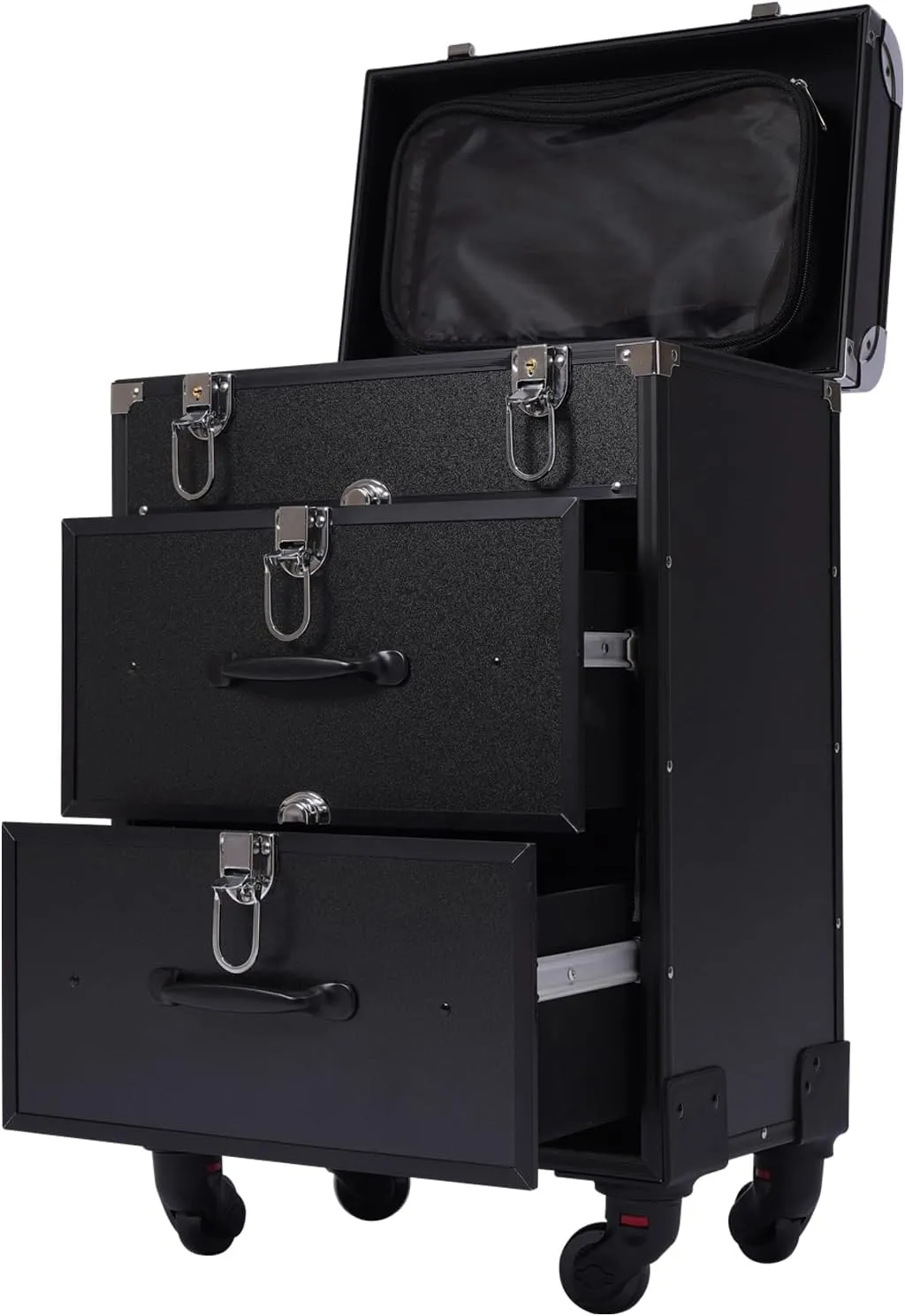 Rolling Makeup Train Case Professional Cosmetic Organizer Trolley with Drawers Compartment Nail Case Wheeled Manicure Pedicure Storage Case for Hair Stylists Makeup Artists (Black & Silver A)