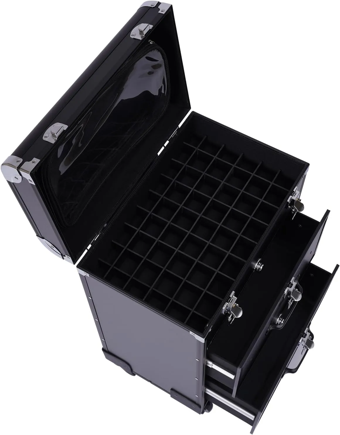 Rolling Makeup Train Case Professional Cosmetic Organizer Trolley with Drawers Compartment Nail Case Wheeled Manicure Pedicure Storage Case for Hair Stylists Makeup Artists (Black & Silver A)