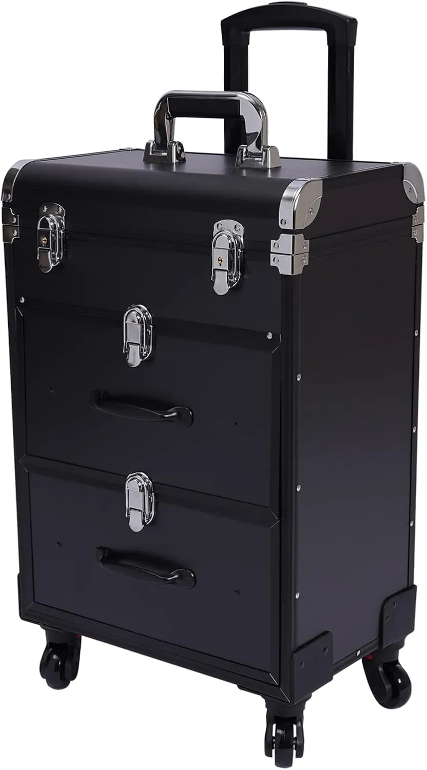 Rolling Makeup Train Case Professional Cosmetic Organizer Trolley with Drawers Compartment Nail Case Wheeled Manicure Pedicure Storage Case for Hair Stylists Makeup Artists (Black & Silver A)