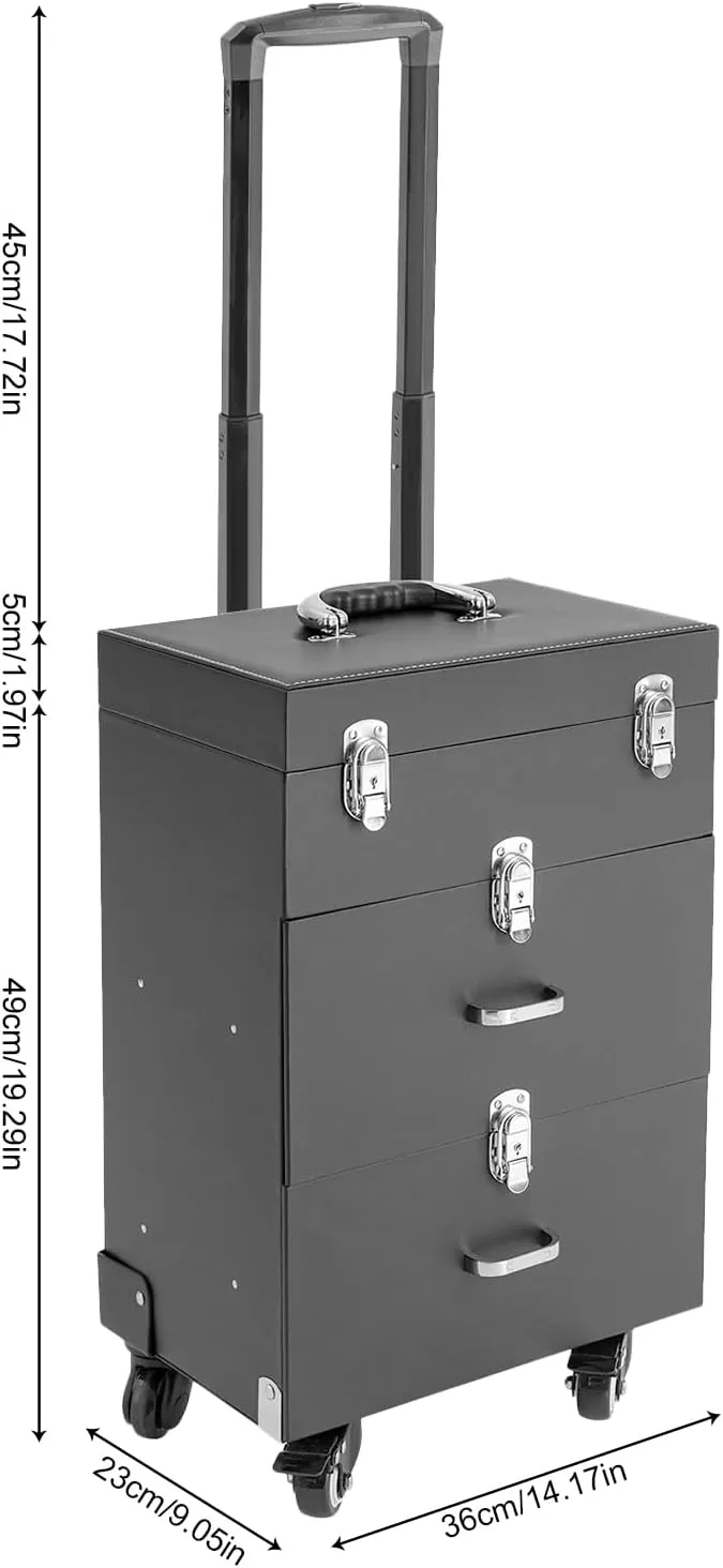 Rolling Makeup Train Case Professional Cosmetic Organizer Trolley with Drawers Compartment Nail Case Wheeled Manicure Pedicure Storage Case for Hair Stylists Makeup Artists (Black & Silver B)