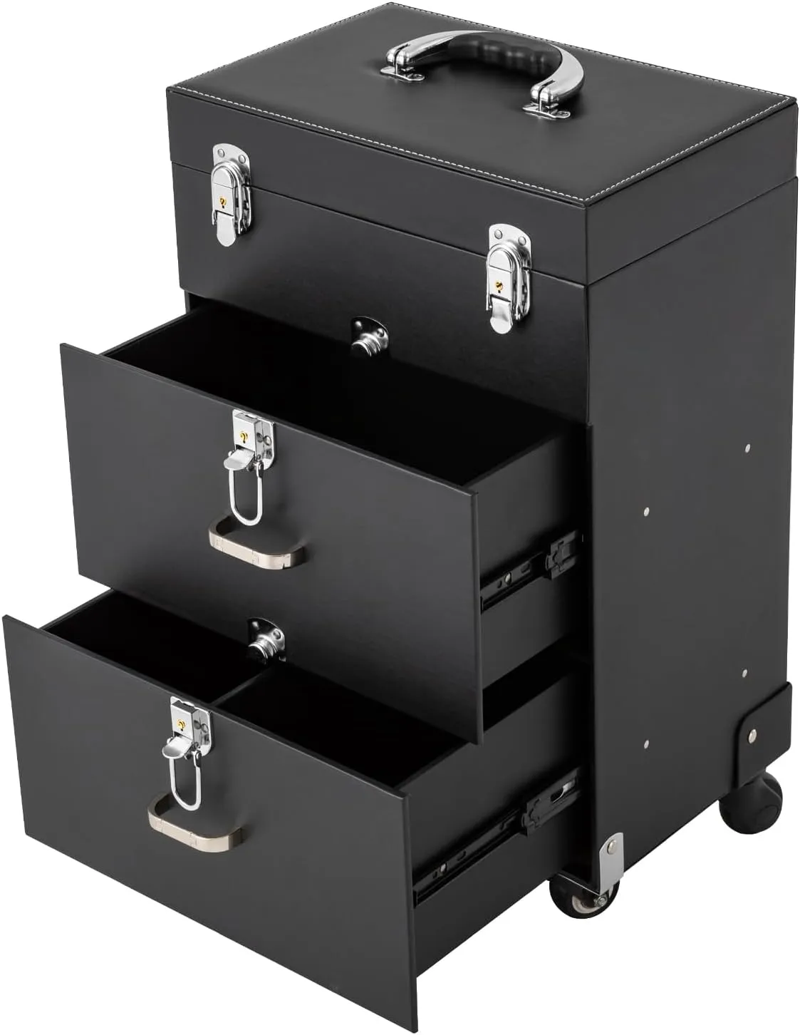 Rolling Makeup Train Case Professional Cosmetic Organizer Trolley with Drawers Compartment Nail Case Wheeled Manicure Pedicure Storage Case for Hair Stylists Makeup Artists (Black & Silver B)