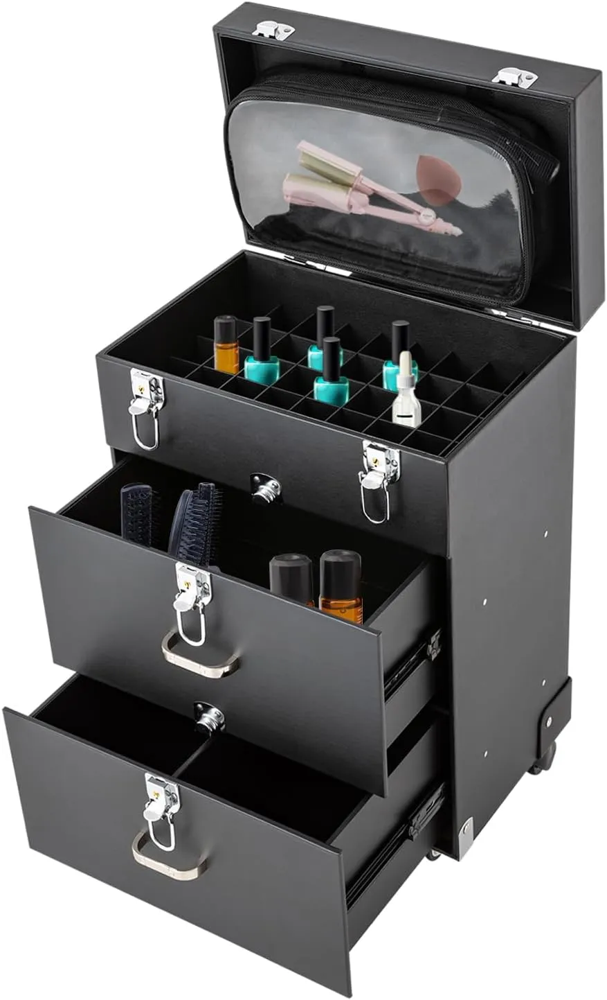 Rolling Makeup Train Case Professional Cosmetic Organizer Trolley with Drawers Compartment Nail Case Wheeled Manicure Pedicure Storage Case for Hair Stylists Makeup Artists (Black & Silver B)