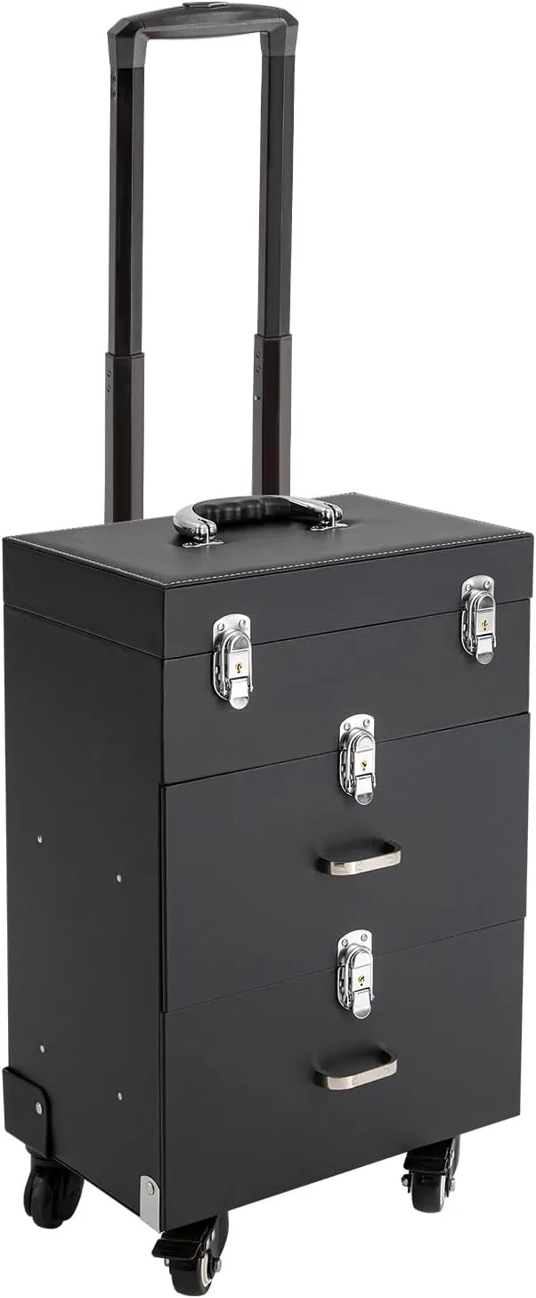 Rolling Makeup Train Case Professional Cosmetic Organizer Trolley with Drawers Compartment Nail Case Wheeled Manicure Pedicure Storage Case for Hair Stylists Makeup Artists (Black & Silver B)