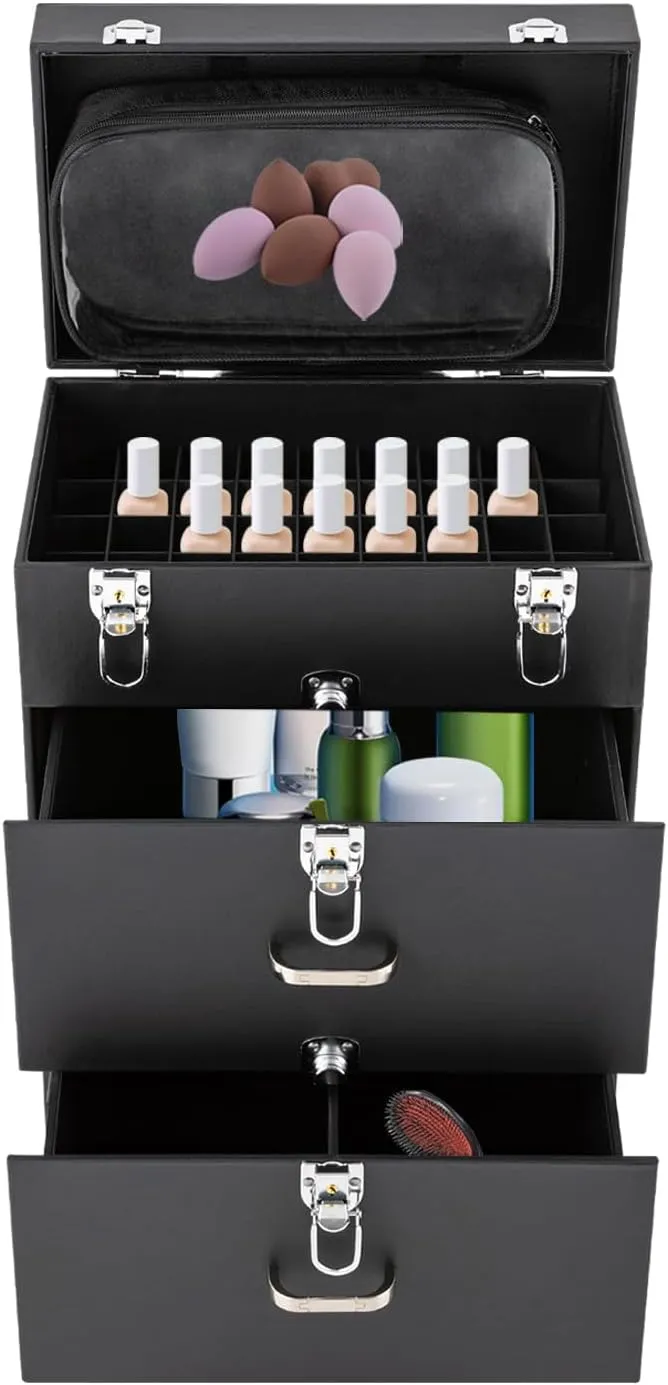 Rolling Makeup Train Case Professional Cosmetic Organizer Trolley with Drawers Compartment Nail Case Wheeled Manicure Pedicure Storage Case for Hair Stylists Makeup Artists (Black & Silver B)