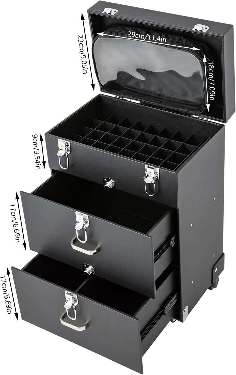 Rolling Makeup Train Case Professional Cosmetic Organizer Trolley with Drawers Compartment Nail Case Wheeled Manicure Pedicure Storage Case for Hair Stylists Makeup Artists (Black & Silver B)