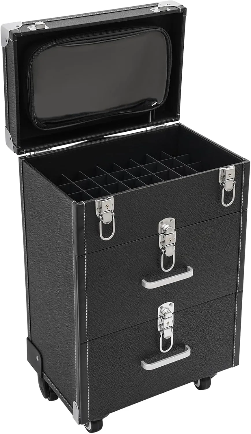 Rolling Makeup Train Case Professional Cosmetic Organizer Trolley with Drawers Compartment Nail Case Wheeled Manicure Pedicure Storage Case for Hair Stylists Makeup Artists (Black & Silver C)
