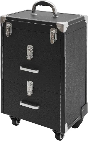 Rolling Makeup Train Case Professional Cosmetic Organizer Trolley with Drawers Compartment Nail Case Wheeled Manicure Pedicure Storage Case for Hair Stylists Makeup Artists (Black & Silver C)