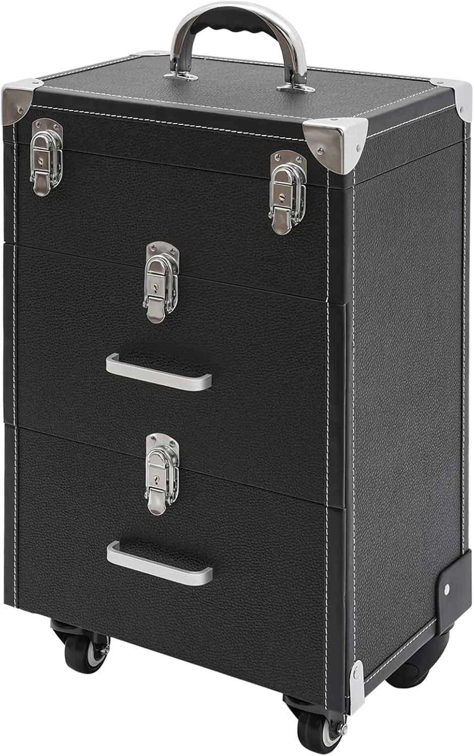 Rolling Makeup Train Case Professional Cosmetic Organizer Trolley with Drawers Compartment Nail Case Wheeled Manicure Pedicure Storage Case for Hair Stylists Makeup Artists (Black & Silver C)