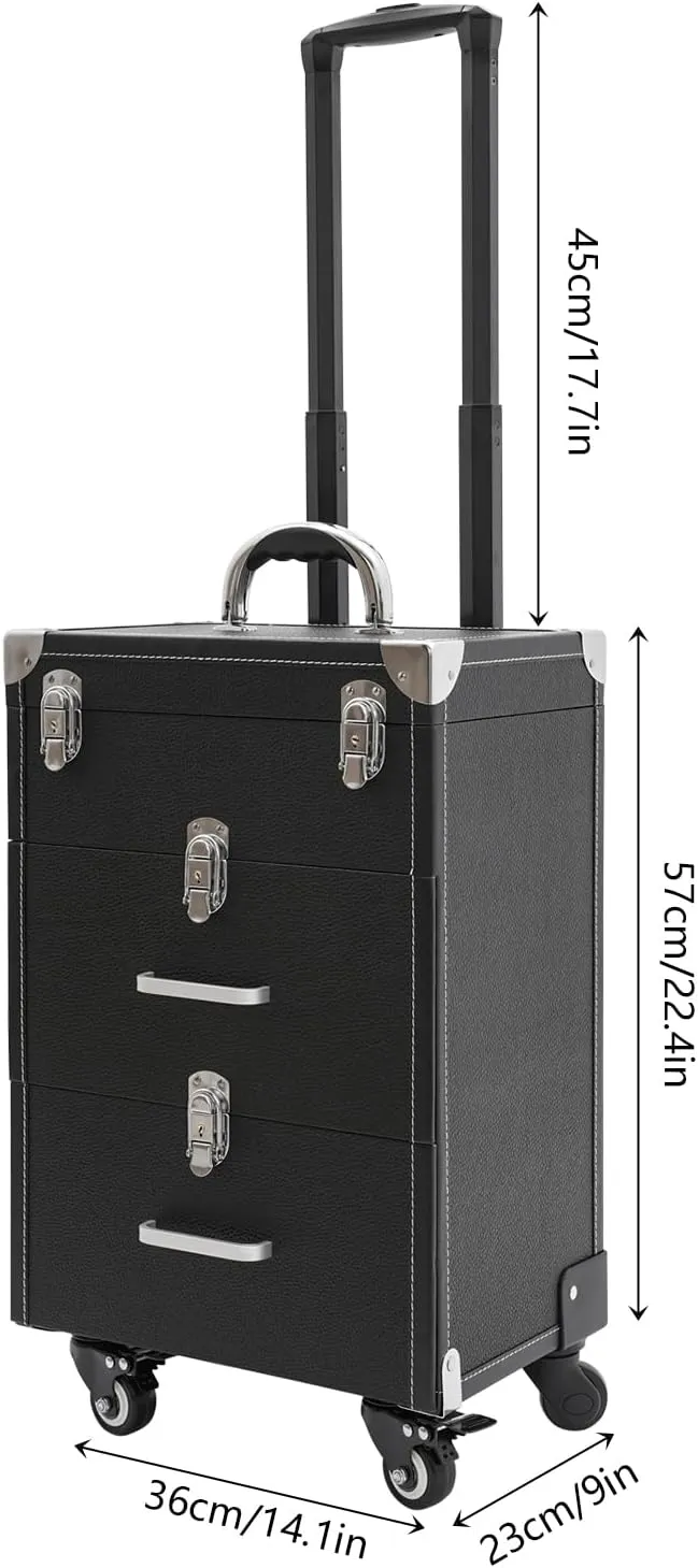 Rolling Makeup Train Case Professional Cosmetic Organizer Trolley with Drawers Compartment Nail Case Wheeled Manicure Pedicure Storage Case for Hair Stylists Makeup Artists (Black & Silver C)