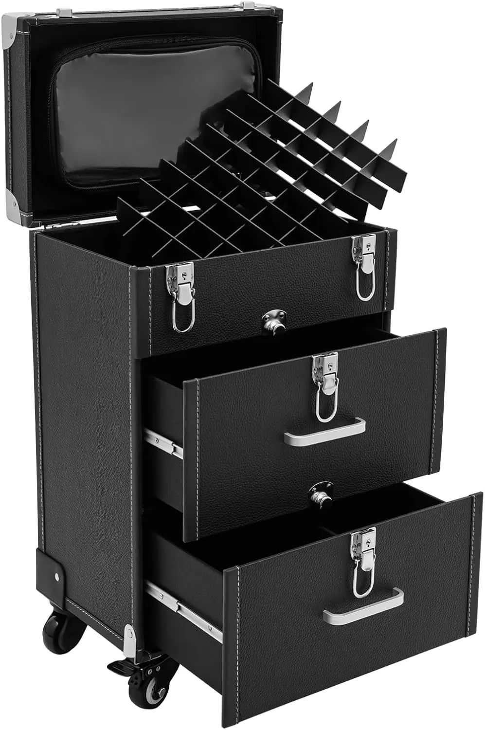 Rolling Makeup Train Case Professional Cosmetic Organizer Trolley with Drawers Compartment Nail Case Wheeled Manicure Pedicure Storage Case for Hair Stylists Makeup Artists (Black & Silver C)